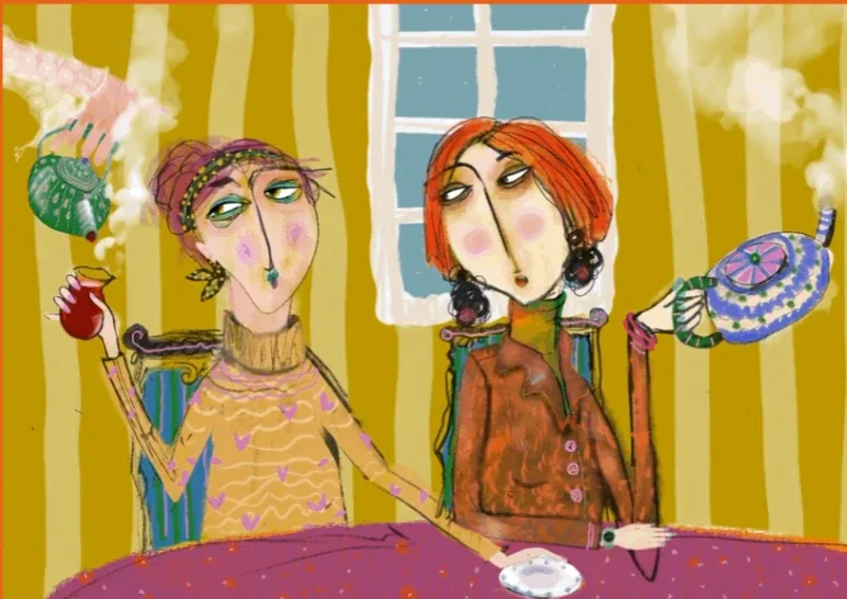 Hind's painting of two women at afternoon tea, pouring from patterned teapots in a mustard-striped room.