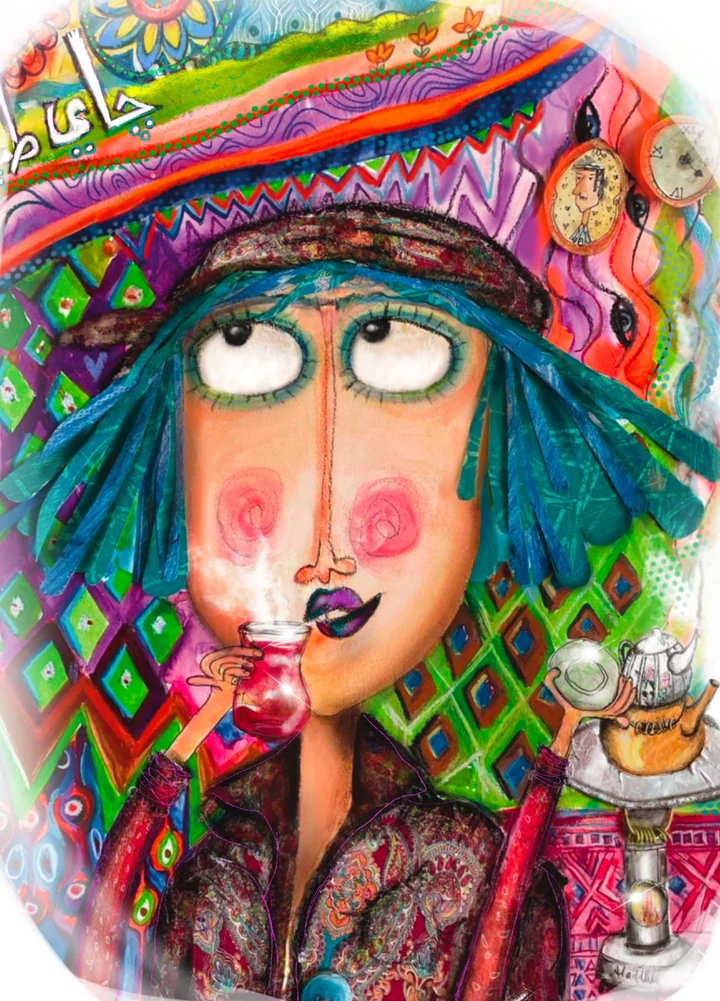 Hind's painting of a woman in a bright patterned headscarf sipping tea from a small glass, a teapot on a stand beside her.