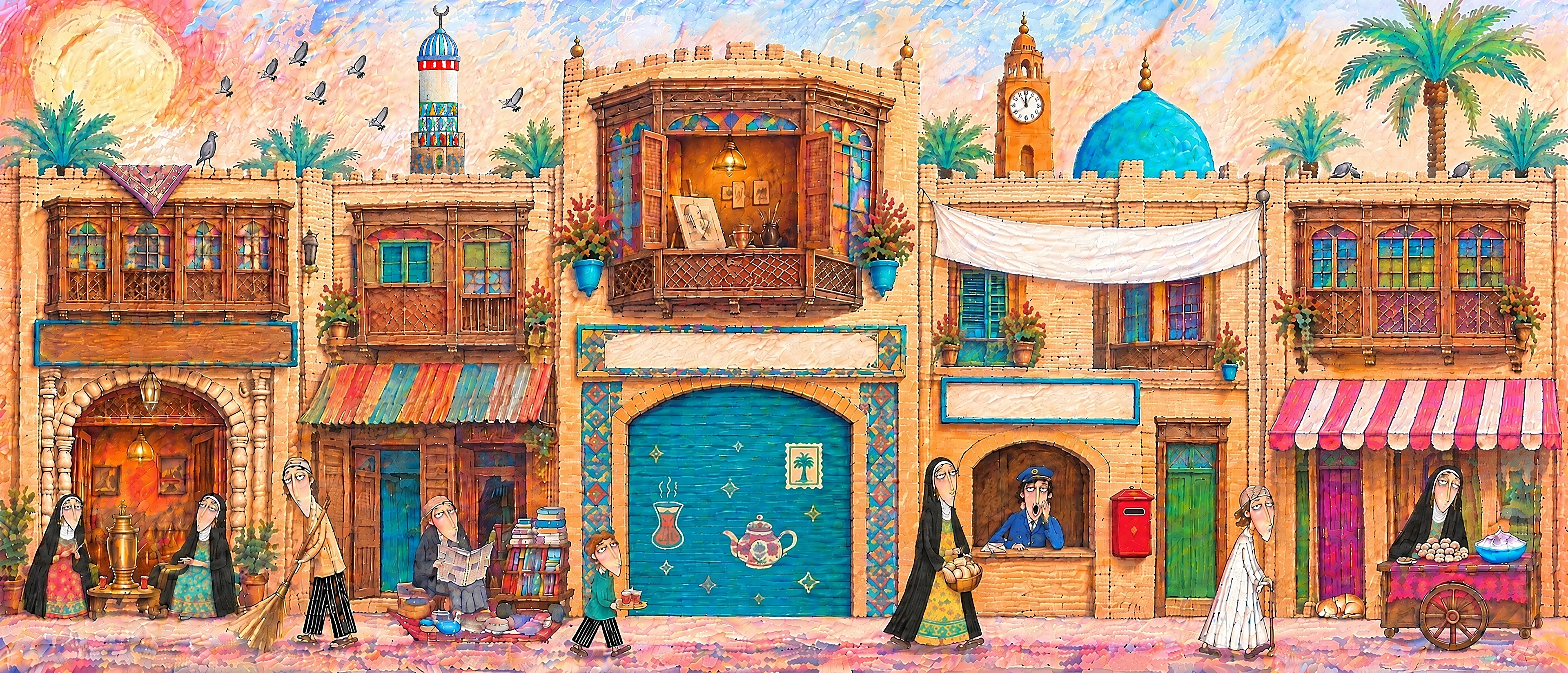 An old Baghdad street at sunrise, illustrated in the style of Hind's artwork: a lamplit tea house, a pavement book stall, a closed teal shop shutter painted with a tea glass and a teapot under a carved wooden shanasheel window, a sleepy postman at the post office window, a breakfast cart under a striped awning, and a tiled minaret, the old clock tower and a turquoise dome against a peach sky.